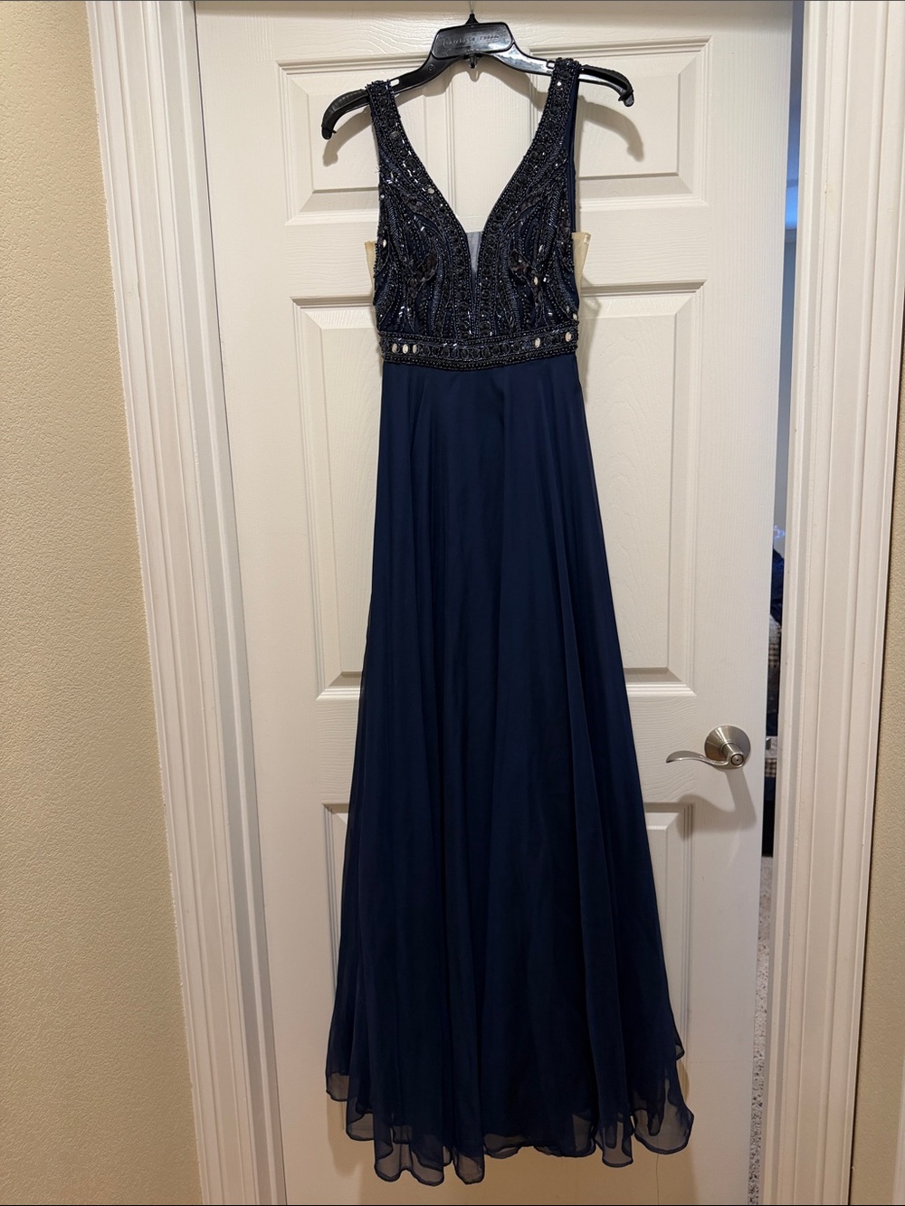 Sherri Hill Navy Beaded Deep V Formal Prom Dress
